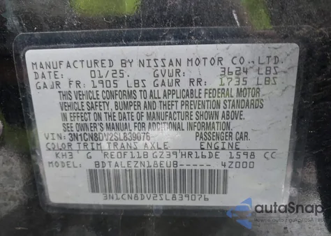 2025 Nissan Versa 1.6 S from USA, damaged, VIN 3N1CN8DV2SL839076